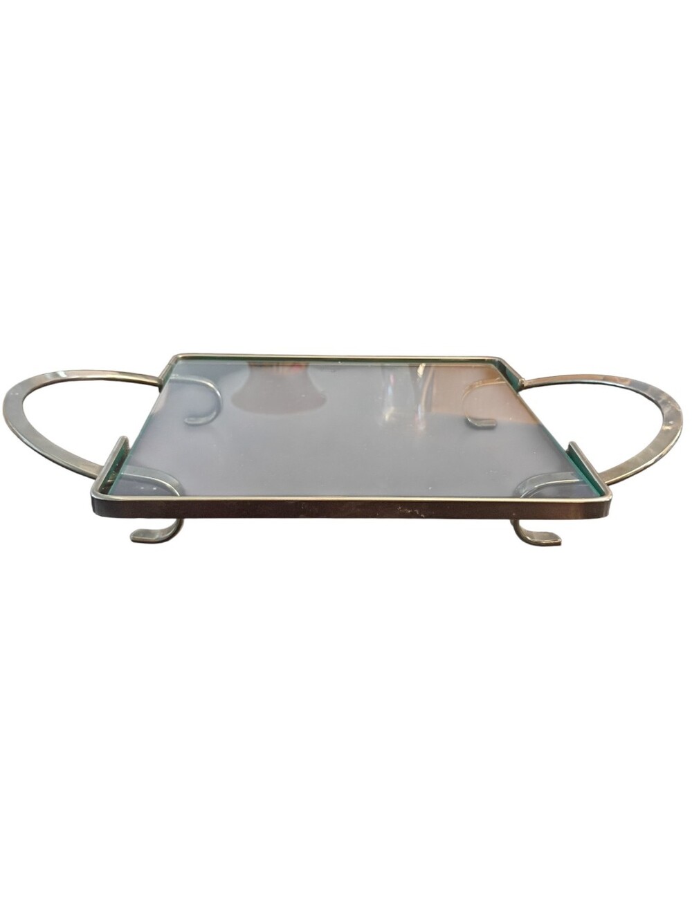 Vintage Art Deco Style Glass And Silver-Plated Footed Bar Tray 13"×8"
